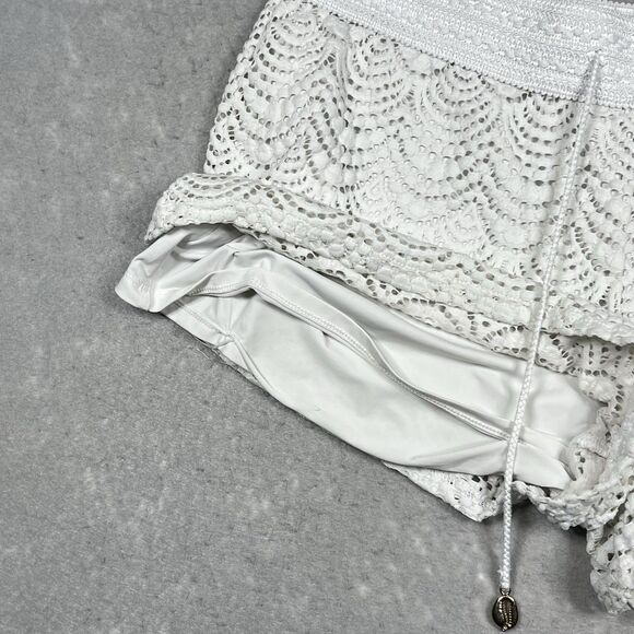 Lilly Pulitzer Claudette White Crochet Shell Drawstring Shorts Beach Cover Up L - Picture 10 of 14
